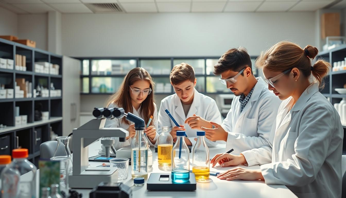 Students studying together in modern classroom